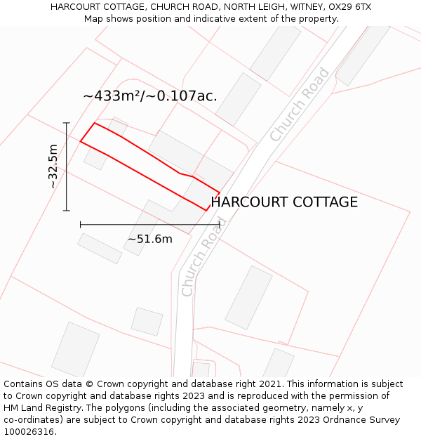 HARCOURT COTTAGE, CHURCH ROAD, NORTH LEIGH, WITNEY, OX29 6TX: Plot and title map