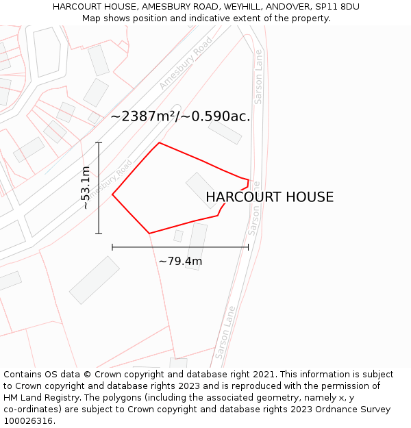 HARCOURT HOUSE, AMESBURY ROAD, WEYHILL, ANDOVER, SP11 8DU: Plot and title map