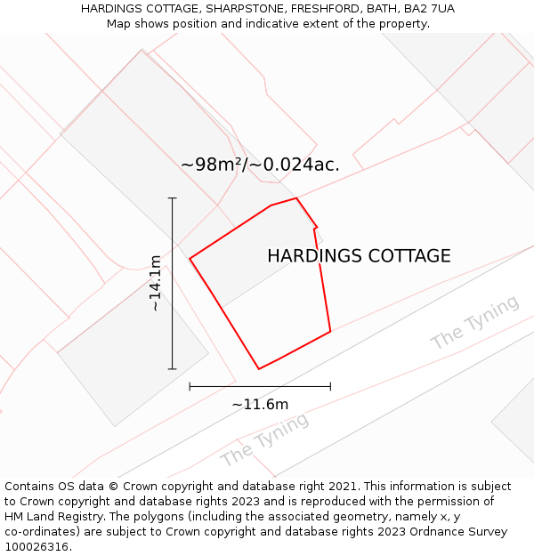 HARDINGS COTTAGE, SHARPSTONE, FRESHFORD, BATH, BA2 7UA: Plot and title map