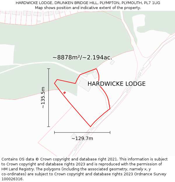 HARDWICKE LODGE, DRUNKEN BRIDGE HILL, PLYMPTON, PLYMOUTH, PL7 1UG: Plot and title map