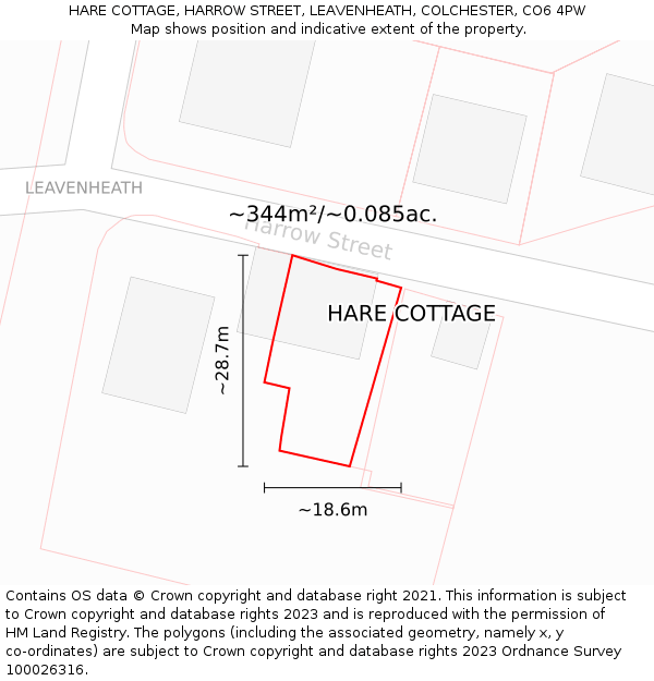 HARE COTTAGE, HARROW STREET, LEAVENHEATH, COLCHESTER, CO6 4PW: Plot and title map
