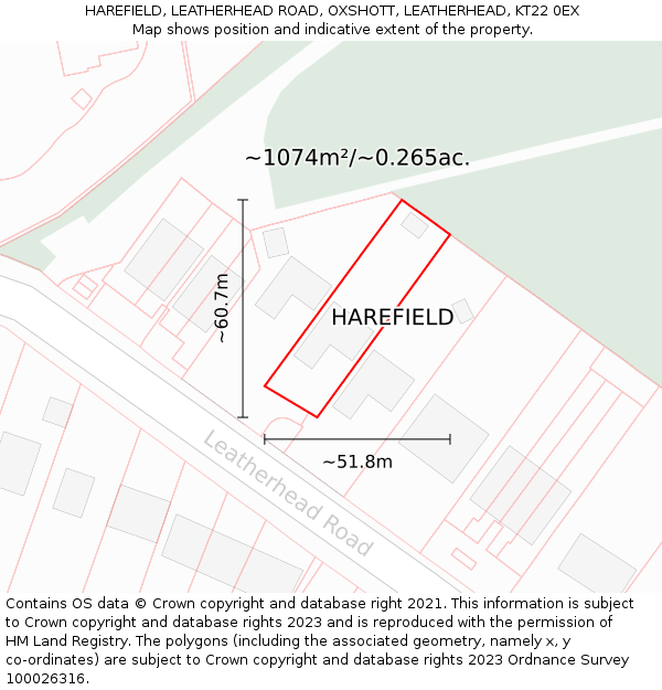 HAREFIELD, LEATHERHEAD ROAD, OXSHOTT, LEATHERHEAD, KT22 0EX: Plot and title map