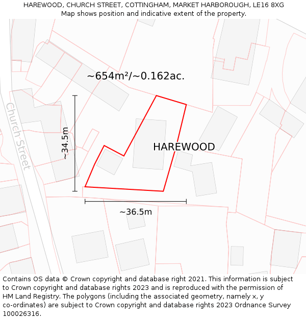 HAREWOOD, CHURCH STREET, COTTINGHAM, MARKET HARBOROUGH, LE16 8XG: Plot and title map