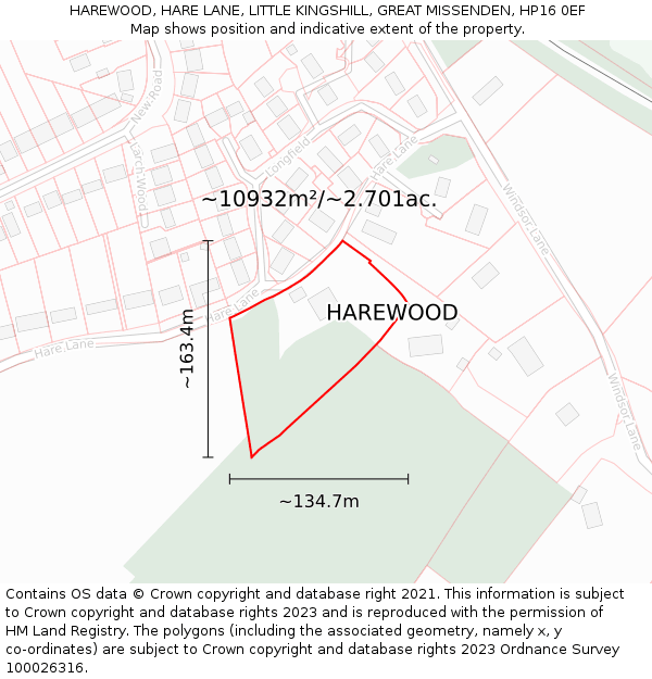 HAREWOOD, HARE LANE, LITTLE KINGSHILL, GREAT MISSENDEN, HP16 0EF: Plot and title map