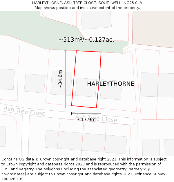 HARLEYTHORNE, ASH TREE CLOSE, SOUTHWELL, NG25 0LA: Plot and title map