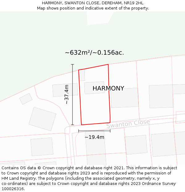 HARMONY, SWANTON CLOSE, DEREHAM, NR19 2HL: Plot and title map