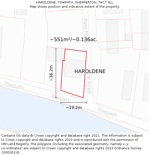 HAROLDENE, TOWPATH, SHEPPERTON, TW17 9LL: Plot and title map