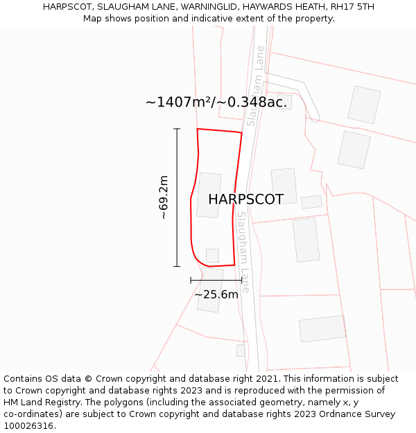 HARPSCOT, SLAUGHAM LANE, WARNINGLID, HAYWARDS HEATH, RH17 5TH: Plot and title map