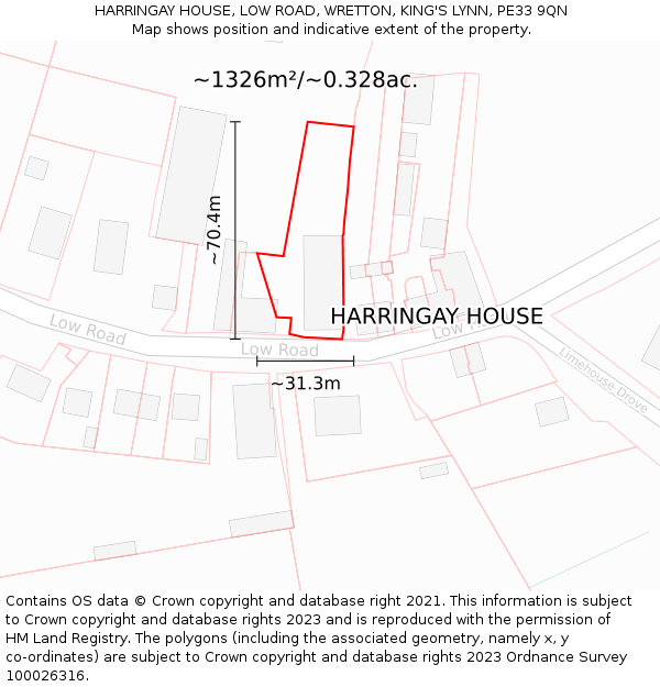 HARRINGAY HOUSE, LOW ROAD, WRETTON, KING'S LYNN, PE33 9QN: Plot and title map