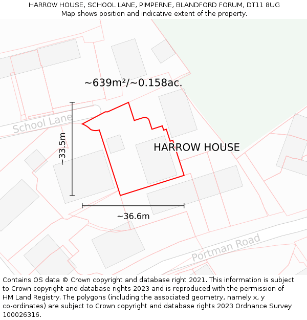 HARROW HOUSE, SCHOOL LANE, PIMPERNE, BLANDFORD FORUM, DT11 8UG: Plot and title map