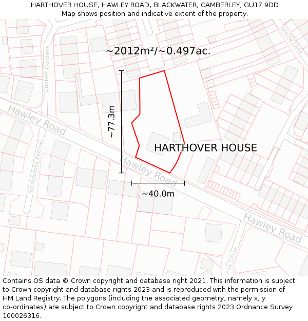 HARTHOVER HOUSE, HAWLEY ROAD, BLACKWATER, CAMBERLEY, GU17 9DD: Plot and title map