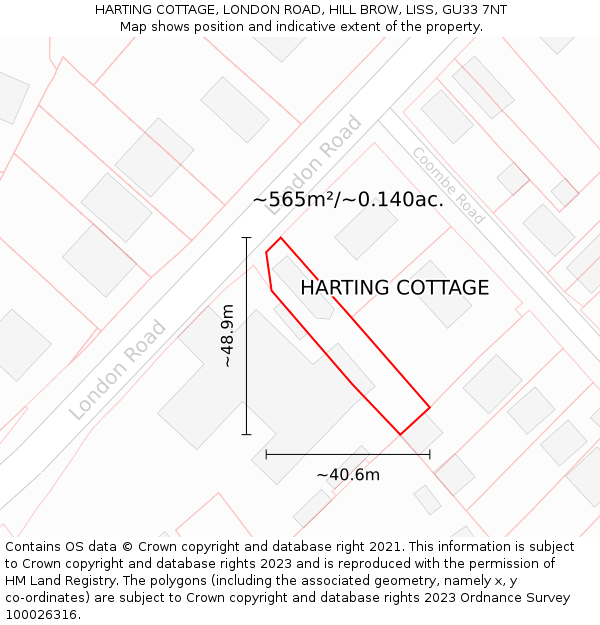 HARTING COTTAGE, LONDON ROAD, HILL BROW, LISS, GU33 7NT: Plot and title map
