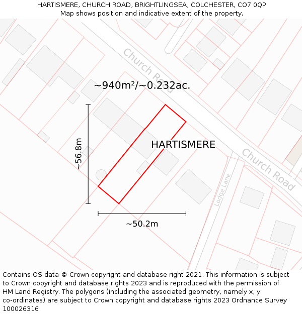 HARTISMERE, CHURCH ROAD, BRIGHTLINGSEA, COLCHESTER, CO7 0QP: Plot and title map