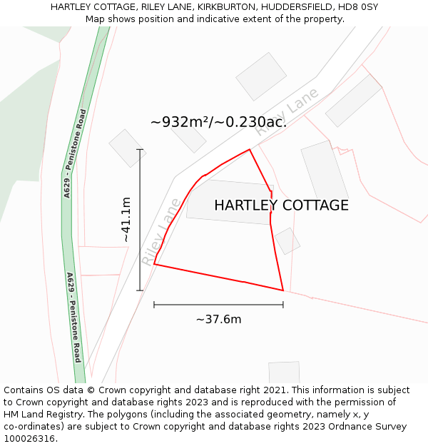 HARTLEY COTTAGE, RILEY LANE, KIRKBURTON, HUDDERSFIELD, HD8 0SY: Plot and title map