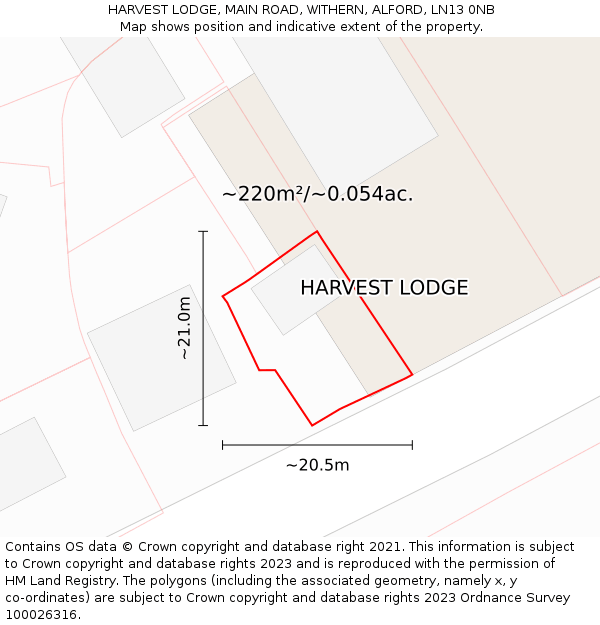 HARVEST LODGE, MAIN ROAD, WITHERN, ALFORD, LN13 0NB: Plot and title map