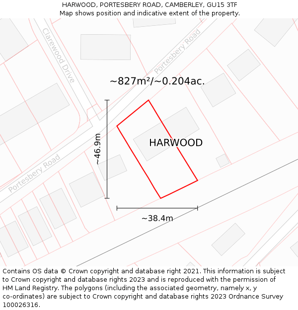 HARWOOD, PORTESBERY ROAD, CAMBERLEY, GU15 3TF: Plot and title map
