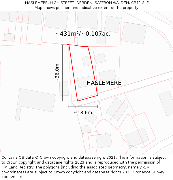 HASLEMERE, HIGH STREET, DEBDEN, SAFFRON WALDEN, CB11 3LE: Plot and title map