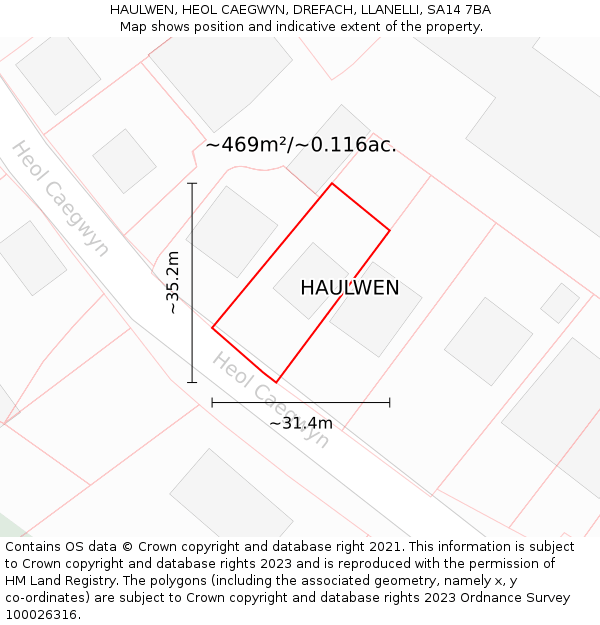 HAULWEN, HEOL CAEGWYN, DREFACH, LLANELLI, SA14 7BA: Plot and title map