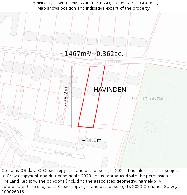 HAVINDEN, LOWER HAM LANE, ELSTEAD, GODALMING, GU8 6HQ: Plot and title map