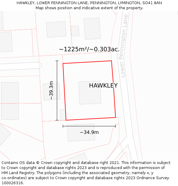 HAWKLEY, LOWER PENNINGTON LANE, PENNINGTON, LYMINGTON, SO41 8AN: Plot and title map