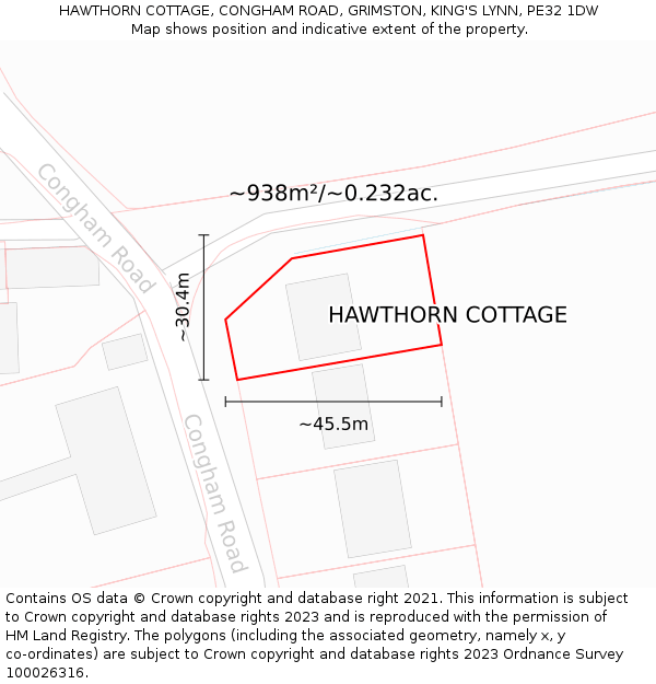 HAWTHORN COTTAGE, CONGHAM ROAD, GRIMSTON, KING'S LYNN, PE32 1DW: Plot and title map