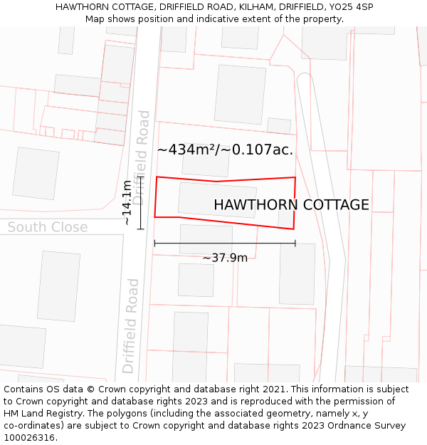 HAWTHORN COTTAGE, DRIFFIELD ROAD, KILHAM, DRIFFIELD, YO25 4SP: Plot and title map