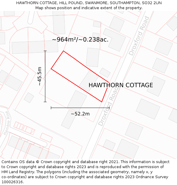 HAWTHORN COTTAGE, HILL POUND, SWANMORE, SOUTHAMPTON, SO32 2UN: Plot and title map