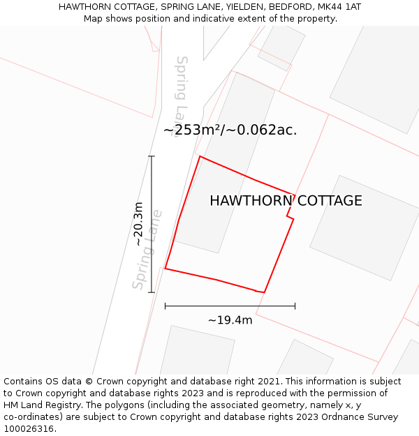 HAWTHORN COTTAGE, SPRING LANE, YIELDEN, BEDFORD, MK44 1AT: Plot and title map