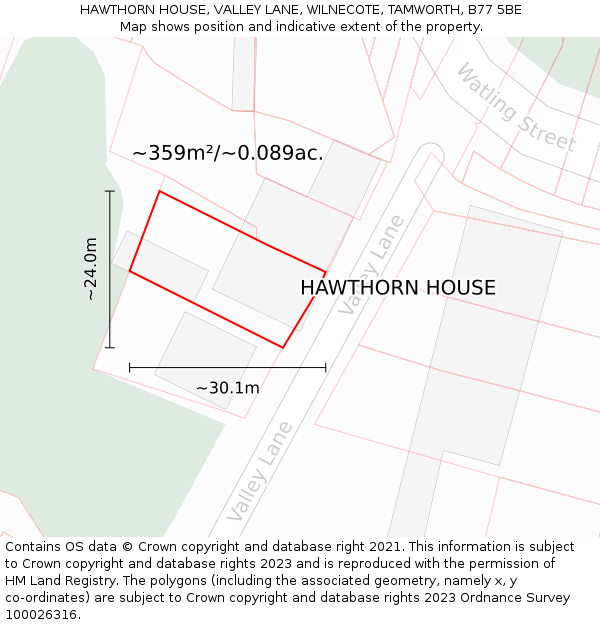 HAWTHORN HOUSE, VALLEY LANE, WILNECOTE, TAMWORTH, B77 5BE: Plot and title map