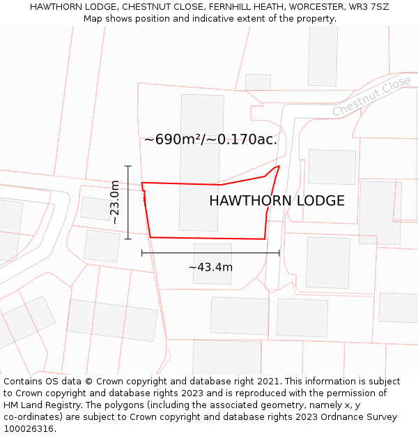 HAWTHORN LODGE, CHESTNUT CLOSE, FERNHILL HEATH, WORCESTER, WR3 7SZ: Plot and title map
