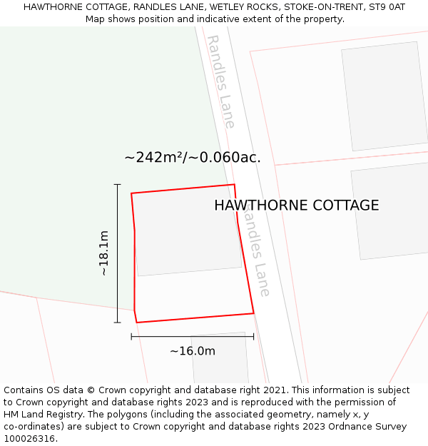 HAWTHORNE COTTAGE, RANDLES LANE, WETLEY ROCKS, STOKE-ON-TRENT, ST9 0AT: Plot and title map