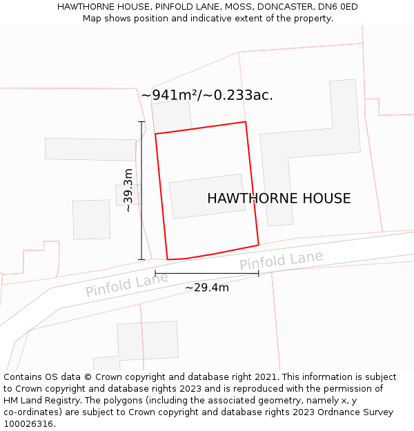 HAWTHORNE HOUSE, PINFOLD LANE, MOSS, DONCASTER, DN6 0ED: Plot and title map