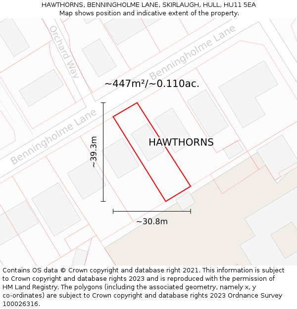 HAWTHORNS, BENNINGHOLME LANE, SKIRLAUGH, HULL, HU11 5EA: Plot and title map