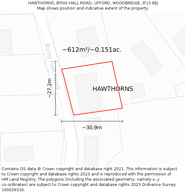 HAWTHORNS, BYNG HALL ROAD, UFFORD, WOODBRIDGE, IP13 6EJ: Plot and title map