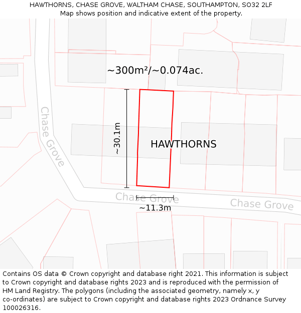 HAWTHORNS, CHASE GROVE, WALTHAM CHASE, SOUTHAMPTON, SO32 2LF: Plot and title map