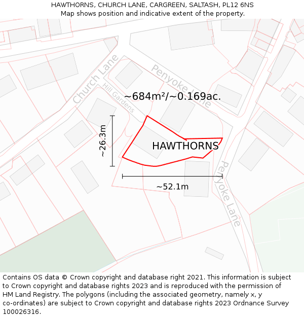 HAWTHORNS, CHURCH LANE, CARGREEN, SALTASH, PL12 6NS: Plot and title map