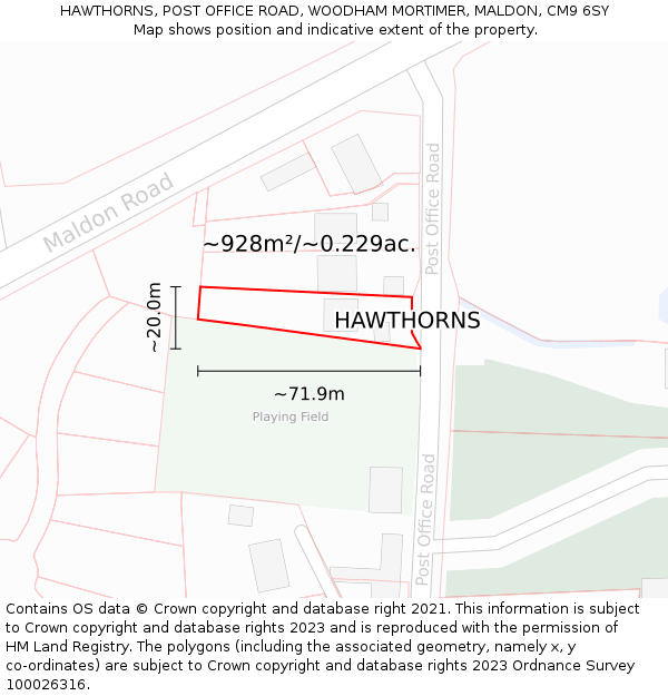 HAWTHORNS, POST OFFICE ROAD, WOODHAM MORTIMER, MALDON, CM9 6SY: Plot and title map