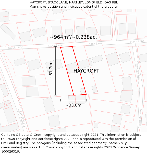 HAYCROFT, STACK LANE, HARTLEY, LONGFIELD, DA3 8BL: Plot and title map