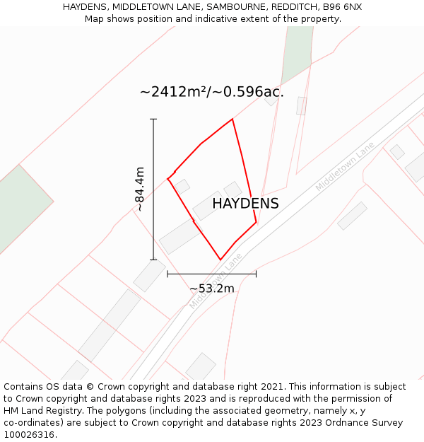 HAYDENS, MIDDLETOWN LANE, SAMBOURNE, REDDITCH, B96 6NX: Plot and title map