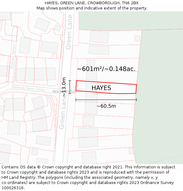 HAYES, GREEN LANE, CROWBOROUGH, TN6 2BX: Plot and title map