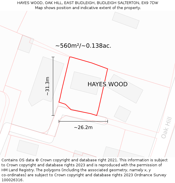 HAYES WOOD, OAK HILL, EAST BUDLEIGH, BUDLEIGH SALTERTON, EX9 7DW: Plot and title map