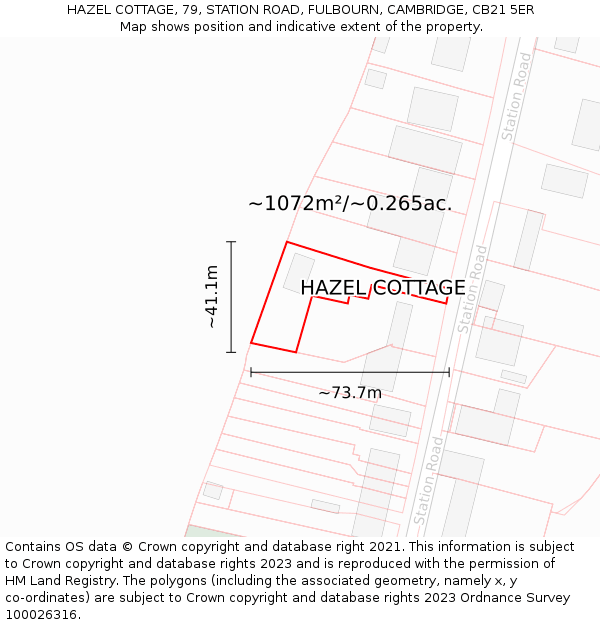 HAZEL COTTAGE, 79, STATION ROAD, FULBOURN, CAMBRIDGE, CB21 5ER: Plot and title map