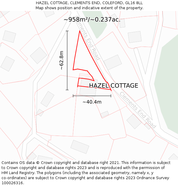 HAZEL COTTAGE, CLEMENTS END, COLEFORD, GL16 8LL: Plot and title map