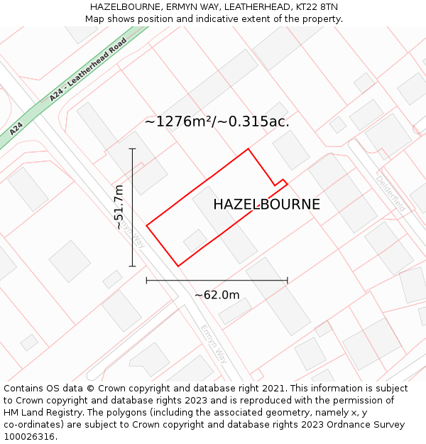 HAZELBOURNE, ERMYN WAY, LEATHERHEAD, KT22 8TN: Plot and title map