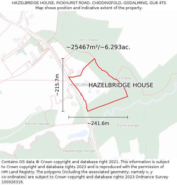 HAZELBRIDGE HOUSE, PICKHURST ROAD, CHIDDINGFOLD, GODALMING, GU8 4TS: Plot and title map