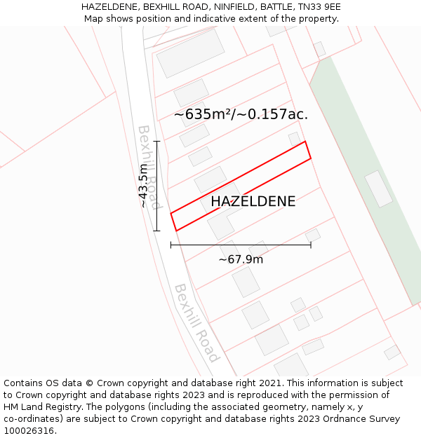 HAZELDENE, BEXHILL ROAD, NINFIELD, BATTLE, TN33 9EE: Plot and title map