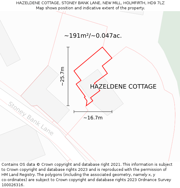 HAZELDENE COTTAGE, STONEY BANK LANE, NEW MILL, HOLMFIRTH, HD9 7LZ: Plot and title map