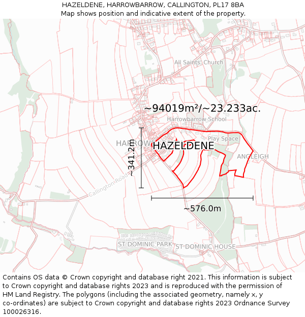 HAZELDENE, HARROWBARROW, CALLINGTON, PL17 8BA: Plot and title map