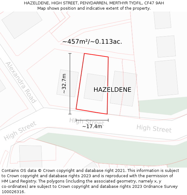HAZELDENE, HIGH STREET, PENYDARREN, MERTHYR TYDFIL, CF47 9AH: Plot and title map