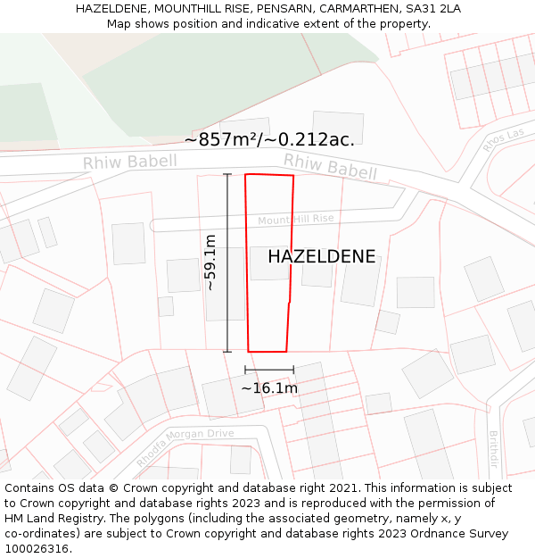 HAZELDENE, MOUNTHILL RISE, PENSARN, CARMARTHEN, SA31 2LA: Plot and title map